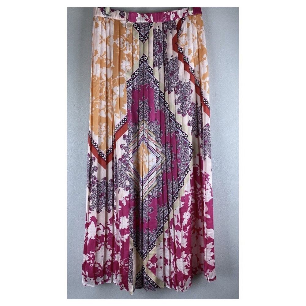 Boho Patchwork Pleated Midi Skirt Pink Orange Paisley Scarf Print Resort - Picture 4 of 8